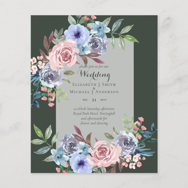 Flyer Invitación de Boda de Flores Rosadas y Azules de P (Frente)