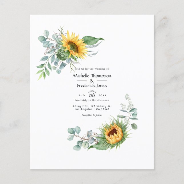 Flyer Invitación de boda de girasol eucalipto boho (Frente)