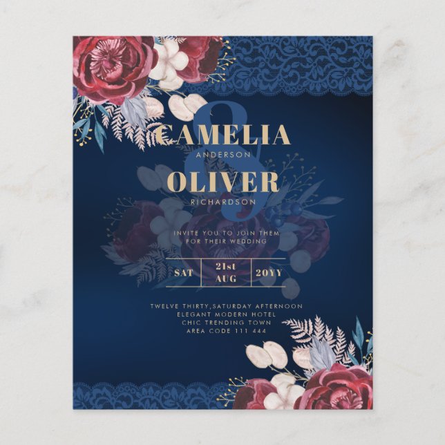 Flyer Invitación de Boda de Otoño con Encaje de Rosas Az (Frente)