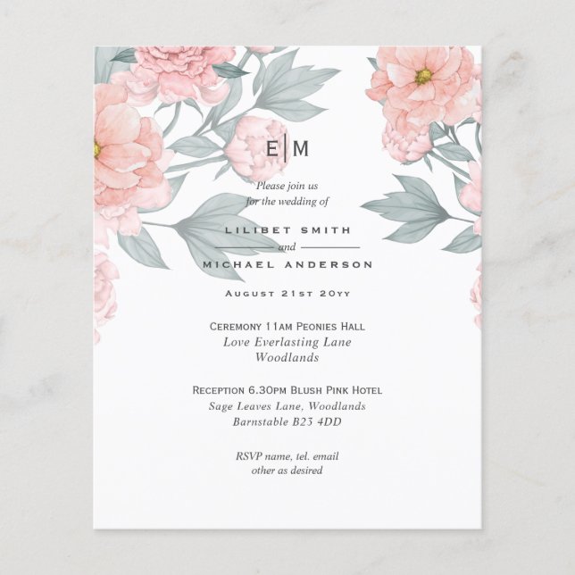 Flyer Invitación de Boda de Peonías Rosadas con Rubor de (Frente)