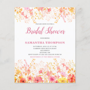 Flyer Invitación de boda de shower floral rosa Presupues