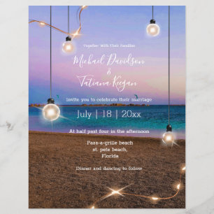 Flyer invitación de boda de verano con luces doradas en 