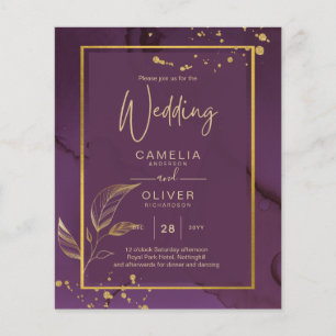 Flyer Invitación de boda DEEP PURPLE GOLD LEAVES