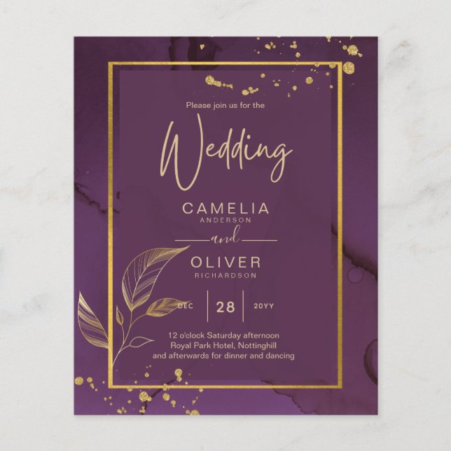 Flyer Invitación de boda DEEP PURPLE GOLD LEAVES (Frente)