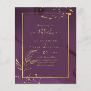 Flyer Invitación de boda DEEP PURPLE GOLD LEAVES