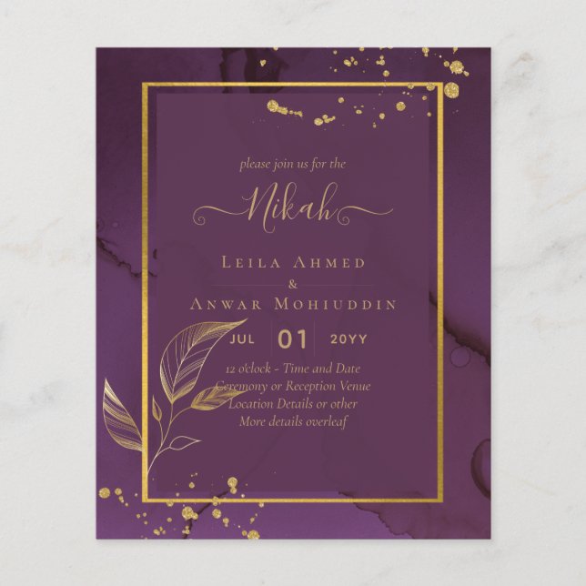Flyer Invitación de boda DEEP PURPLE GOLD LEAVES (Frente)