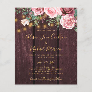 Flyer Invitación de boda dorada burgundy con flores econ