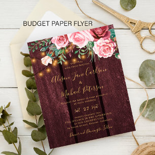 Flyer Invitación de boda dorada y borgoña con flores eco