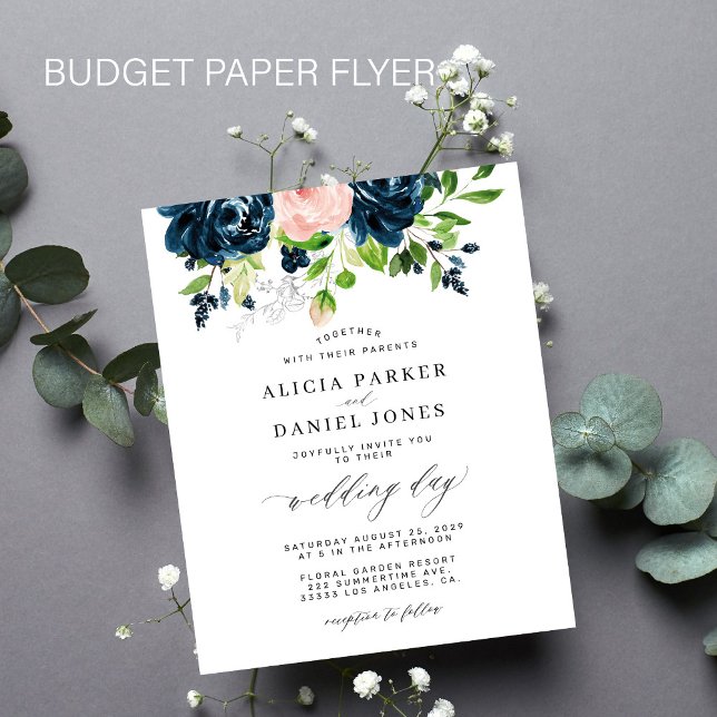 Flyer Invitación de boda elegante floral rosa naval econ (Subido por el creador)