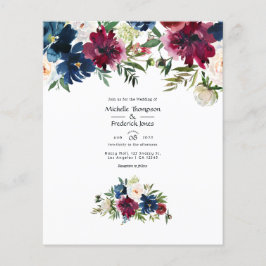 Flyer Invitación de boda floral acuarela Bordo y Navy