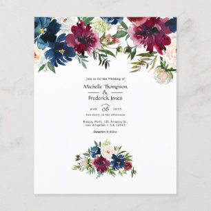 Flyer Invitación de boda floral acuarela Bordo y Navy