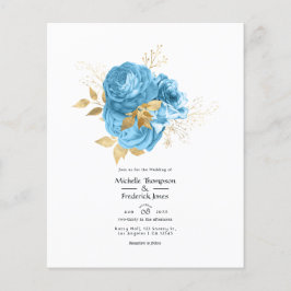 Flyer Invitación de boda floral azul pastel y dorado