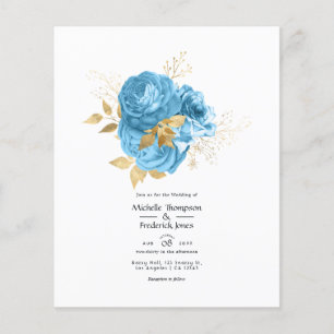 Flyer Invitación de boda floral azul pastel y dorado