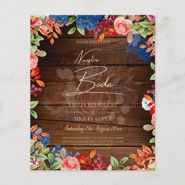 Flyer INVITACIÓN DE BODA Floral Borgoña Azul NUESTRA BOD (Frente)