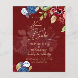 Flyer INVITACIÓN DE BODA Floral Burgundy Azul NUESTRA BO