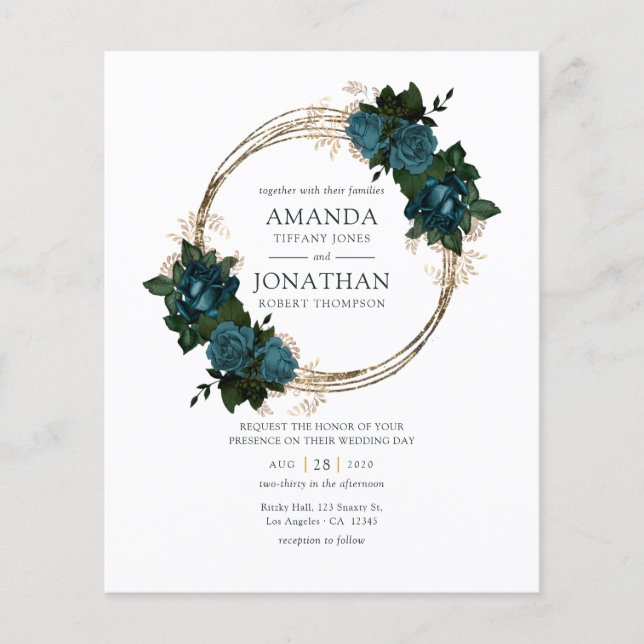 Flyer Invitación de boda floral dorada y turquesa (Frente)