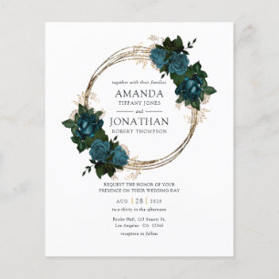 Flyer Invitación de boda floral dorada y turquesa