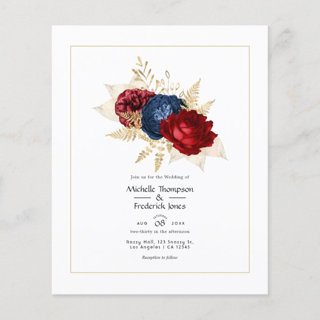 Flyer Invitación de boda floral en azul marino, rojo y d (Frente)