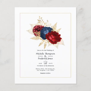 Flyer Invitación de boda floral en azul marino, rojo y d