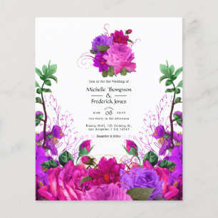 Flyer Invitación de boda floral fucsia y púrpura vintage