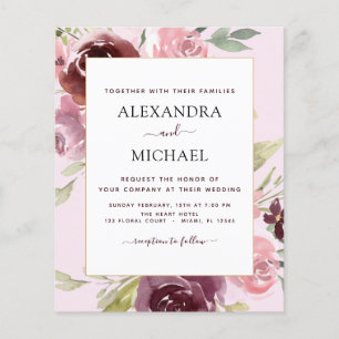 Flyer Invitación de boda floral rosa borgoña económica
