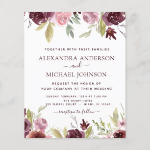 Flyer Invitación de boda floral rosa borgoña económica