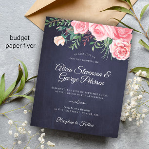 Flyer Invitación de boda floral rosa navy rústica económ
