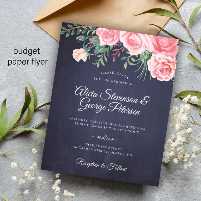 Flyer Invitación de boda floral rosa navy rústica económ (Subido por el creador)