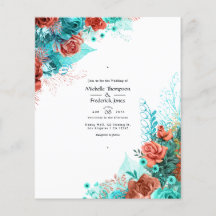 Invitación de boda floral rústica turquesa y coral