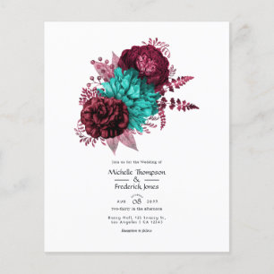 Flyer Invitación de boda floral turquesa y borgoña