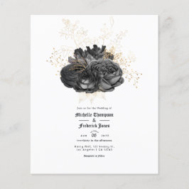 Flyer Invitación de boda floral vintage en negro y dorad