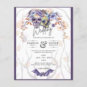 Flyer Invitación de Boda Gótica Calaveras Moradas Naranj