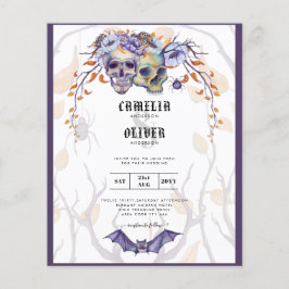 Flyer Invitación de Boda Gótica Calaveras Púrpura Naranj