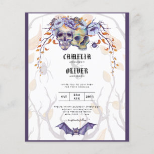 Flyer Invitación de Boda Gótica Calaveras Púrpura Naranj