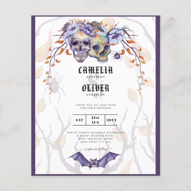 Flyer Invitación de Boda Gótica Calaveras Púrpura Naranj (Frente)