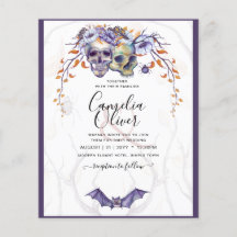 Invitación de boda gótica cráneos púrpura naranja