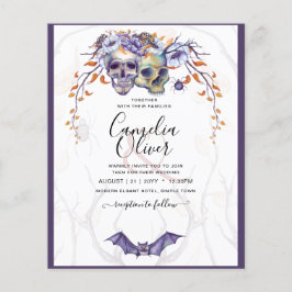 Flyer Invitación de boda gótica cráneos púrpura naranja