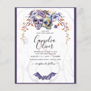 Flyer Invitación de boda gótica cráneos púrpura naranja