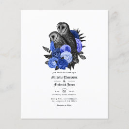 Flyer Invitación de boda gótica de búhos azul real vinta