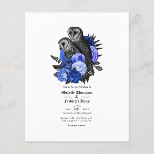 Flyer Invitación de boda gótica de búhos azul real vinta