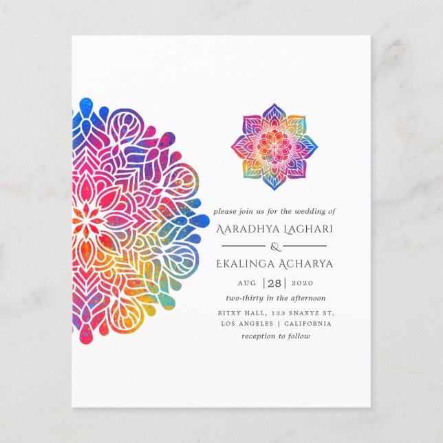 Flyer Invitación de boda india Mandala Arcoíris (Frente)