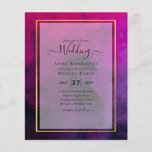 Flyer InVITACIÓN DE Boda Intensa Magenta Pluma Púrpura (Frente)