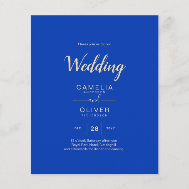 Flyer Invitación de boda monocroma azul real con presupu (Frente)