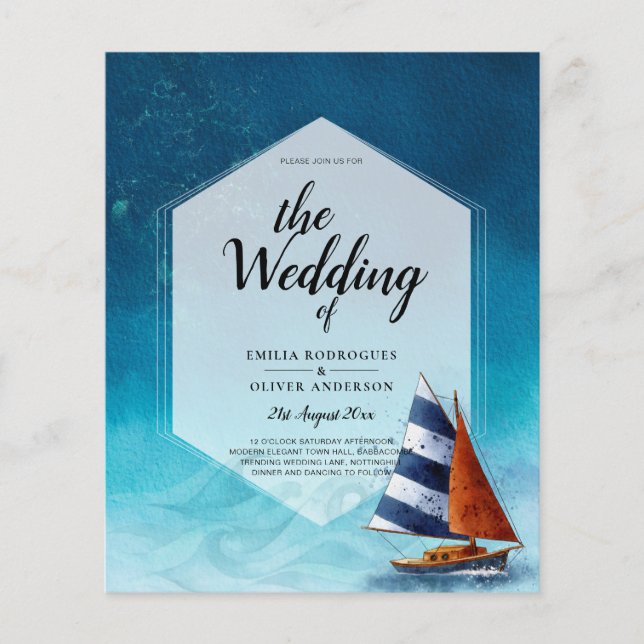Flyer Invitación de boda náutica con barco de vela (Frente)