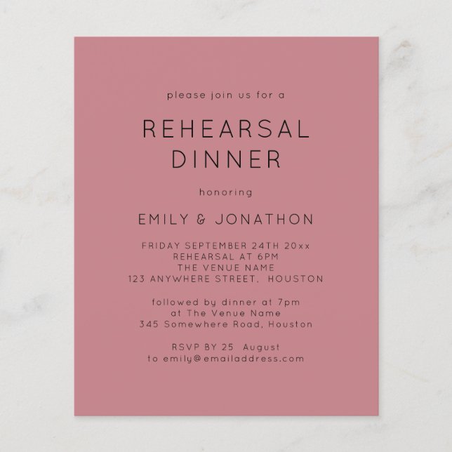 Flyer Invitación de boda para cena de ensayo de rosa sim (Frente)