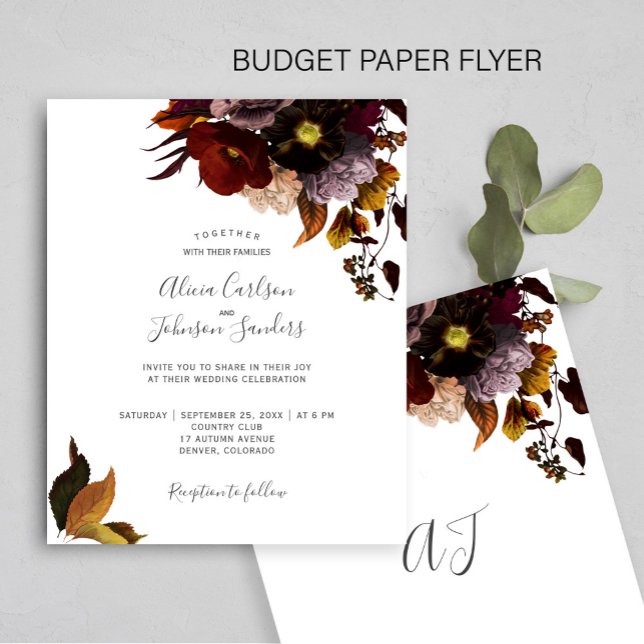 Flyer Invitación de boda rústica floral de otoño Borgoña (Subido por el creador)
