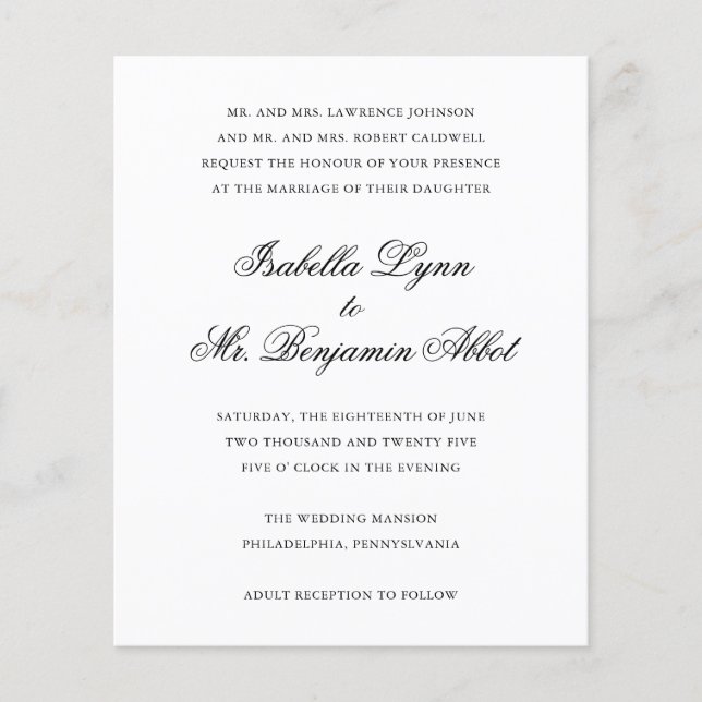 Flyer Invitación de boda tradicional en blanco y negro c (Frente)