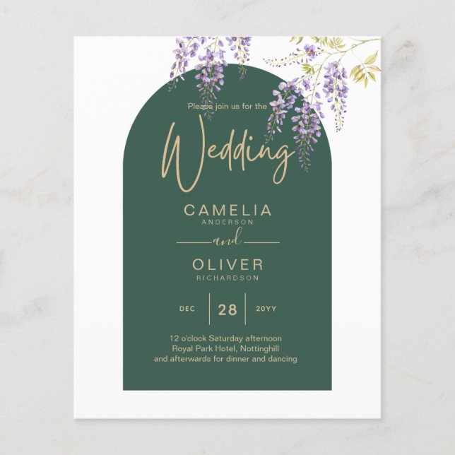 Flyer INVITACIÓN de boda WISTERIA Morado Dorado LeahG Gr (Frente)