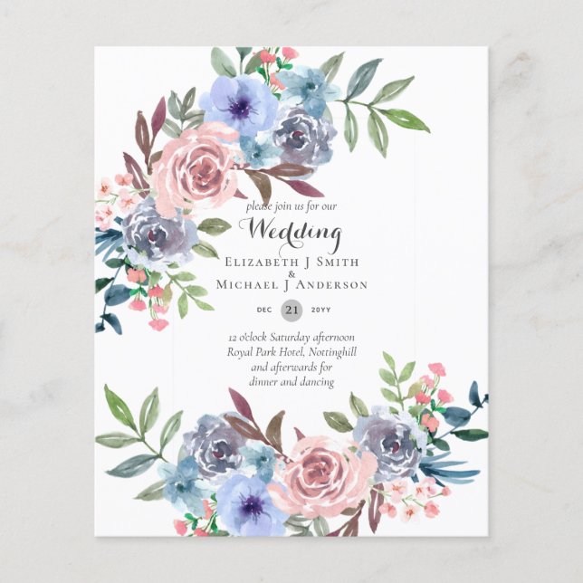FLYER INVITACIÓN DE BODAS DE FLORES ROSADAS AZULES DE PR (Frente)