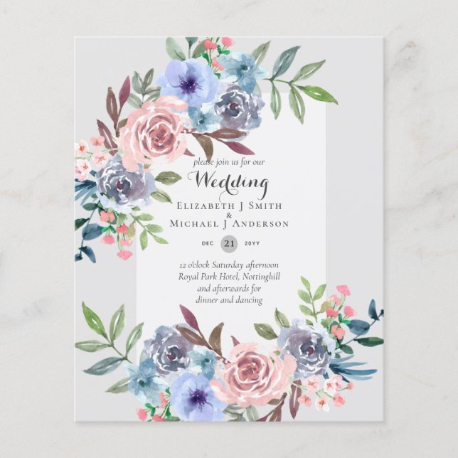 FLYER INVITACIÓN DE BODAS DE FLORES ROSADAS AZULES DE PR (Frente)